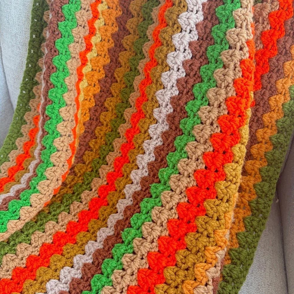 Vintage Handmade Crochet Afghan Blanket 70s Earthy Green Orange Brown 33x77